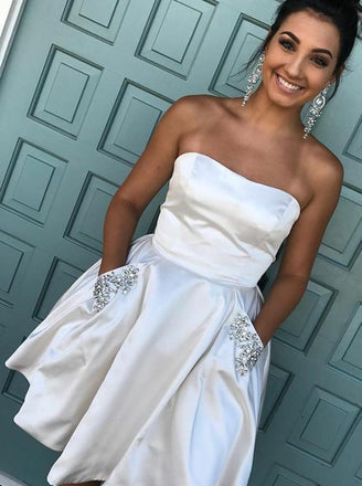 fuchsia a-line strapless satin homecoming dress with beading pockets dtp279