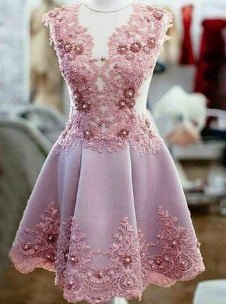 round neck short/mini satin a-line beaded homecoming dress with appliques dtp281