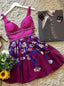 A-Line Plunging Neck Floral Print Short/Mini Party Dress with Beading