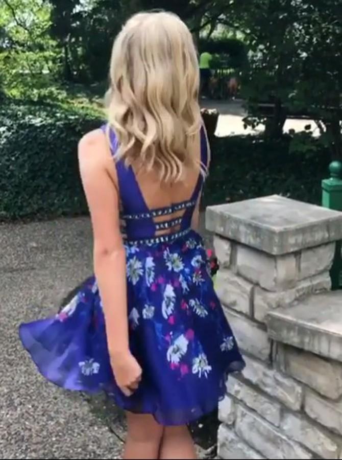 royal blue plunging neck floral print backless party dress with beading dtp286
