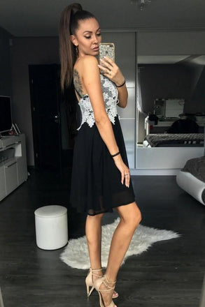 Spaghetti Straps Black Chiffon Cocktail Dress with Lace Appliques