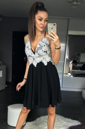 spaghetti straps black chiffon cocktail dress with lace appliques dth149