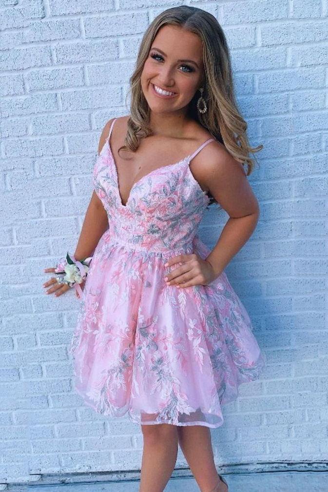 short prom dresses with appliques a-line v neck pink homecoming dress dth112