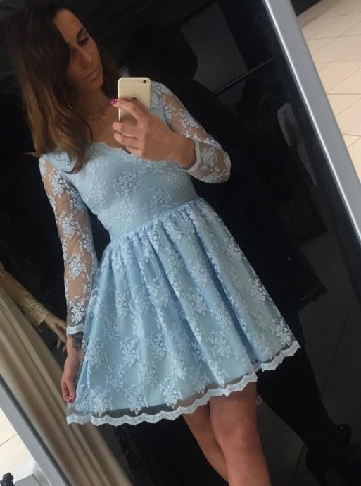 Blue A-Line V-Neck Long Sleeve Short Lace Homecoming Dress