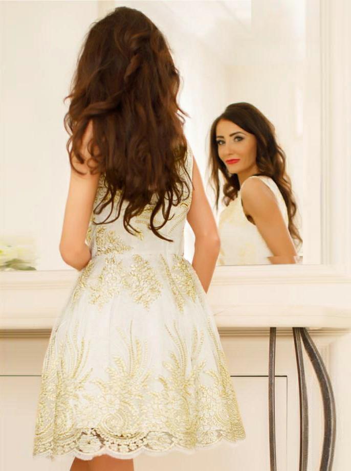 A-Line V-Neck Gold Appliques Short Tulle Homecoming Dress