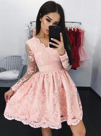 lace long sleeves pink tulle graduation party dress dtp222
