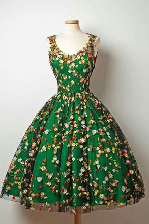 green homecoming dress short prom dress with floral appliques dtp202