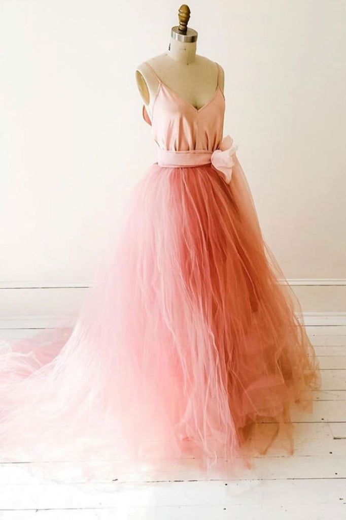 a-line v-neck formal gown tulle princess long prom dress dtp112
