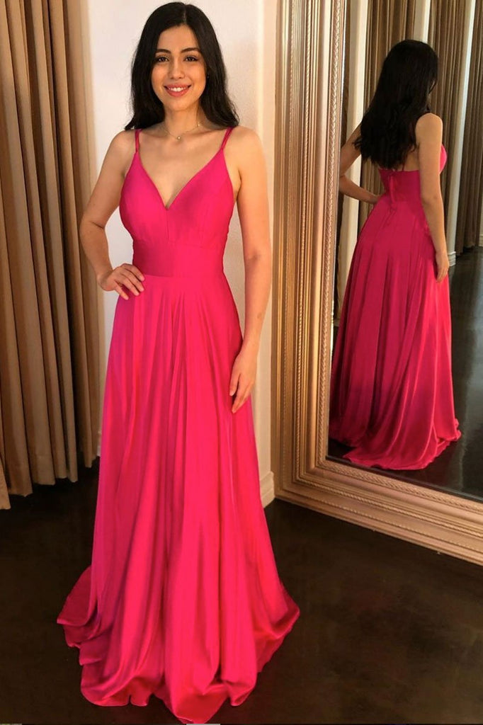 a-line v-neck formal gown simple fuchsia satin long prom dress dtp113
