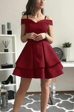 satin homecoming short prom dress off shoulder burgundy graduation gown dth134