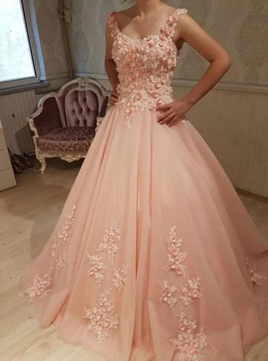 Straps Tulle Long Quinceanera Prom Dresses With Appliques