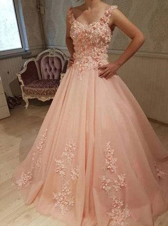 Straps Tulle Long Quinceanera Prom Dresses With Appliques