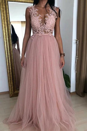 tulle long evening dress a-line v-neck prom dresses with appliques dtp828