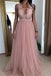 tulle long evening dress a-line v-neck prom dresses with appliques dtp828