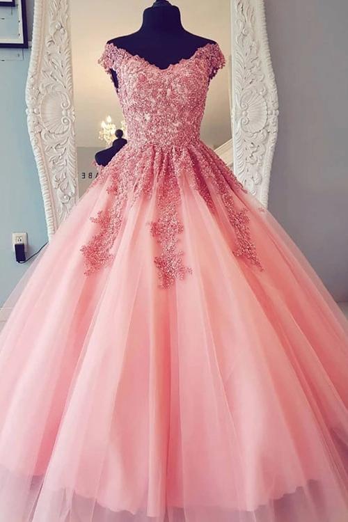 quincea?era evening dress a-line tulle long prom dresses with appliques dtp830