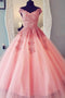 A-line Tulle Long Prom Dresses With Appliques, Quinceanera Evening Dress