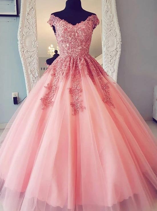 A-line Tulle Long Prom Dresses With Appliques, Quinceanera Evening Dress