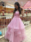 Charming Pink Tulle Long Prom Dresses, Strapless Sweet 16 Dress