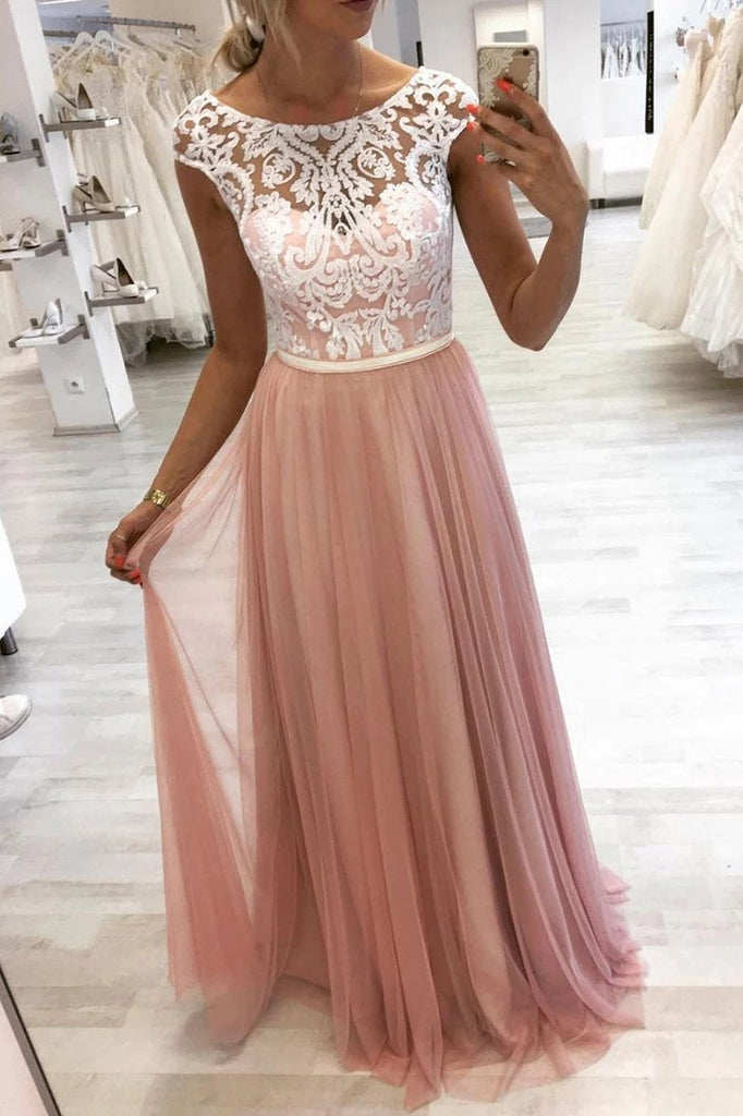 pink tulle evening dress a-line round lace long prom dresses dtp827