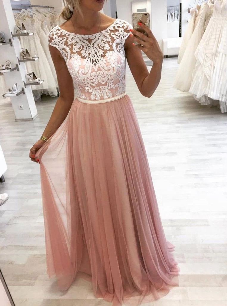 A-line Round Lace Long Prom Dresses, Pink Tulle Evening Dress