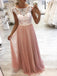 A-line Round Lace Long Prom Dresses, Pink Tulle Evening Dress