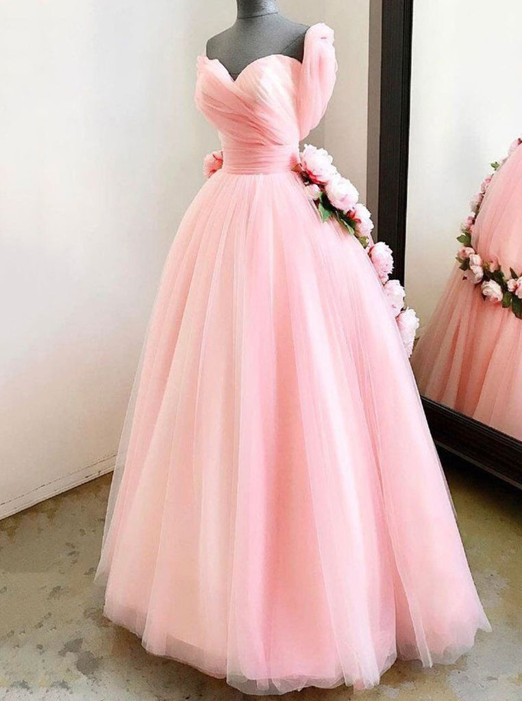 Princess Sweetheart Long Prom Dress, Pink Sweet 16 Dress With Handmade Flowers