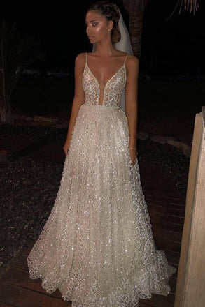 sparkle deep v neck long prom dresses sequined wedding dresses dtp839