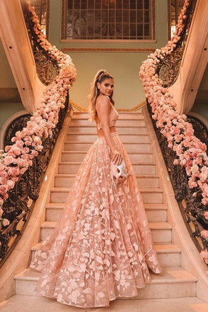 a-line v-neck cut out long prom dresses backless floral formal dress dtp837