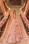 A-line V-neck Cut Out Long Prom Dresses Backless Floral Formal Dress