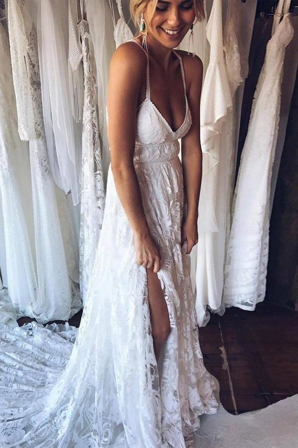 spaghetti-straps cross back backless beach lace wedding dress dtw119