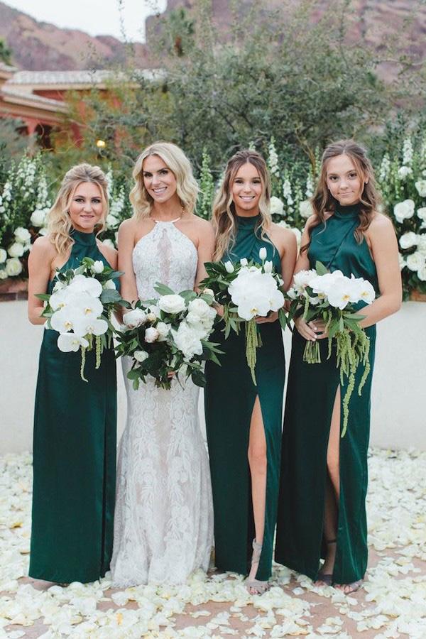Simple Sheath High Neck Dark Green Long Bridesmaid Dresses with Split DTB187 –