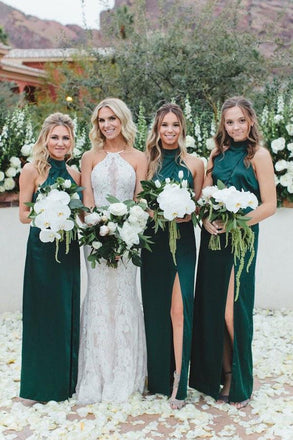 simple sheath high neck dark green long bridesmaid dresses with split dtb187