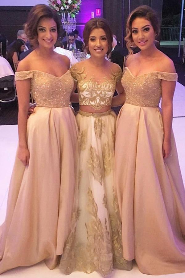 off shoulder beading bodice long bridesmaid dresses with pockets dtb182
