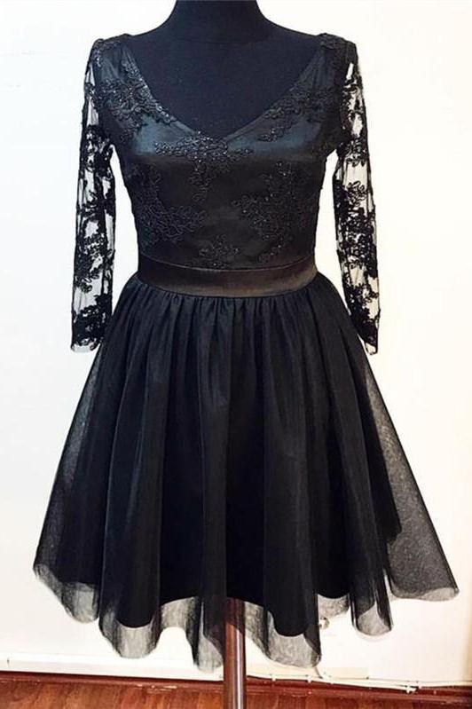 lace tulle homecoming dress 3/4 sleeves v-neck little black dress dtp208