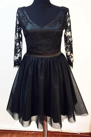 lace tulle homecoming dress 3/4 sleeves v-neck little black dress dtp208