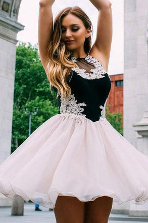 a-line black chiffon homecoming dress with lace applique dth387