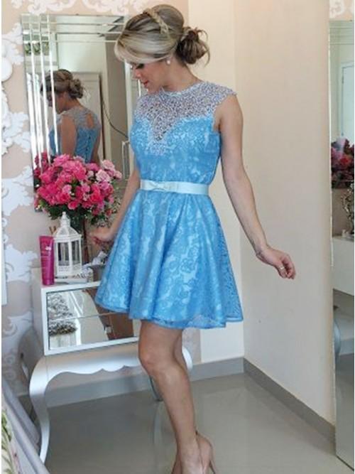 A-Line Jewel Keyhole Back Lace Short Prom Homecoming Dress With Bowknot