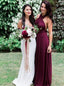 Halter Sleeveless Chiffon Long Bridesmaid Dress Grape Wedding Party Dress