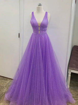 A Line V Neck Lilac Prom Dress Tulle Long Formal Graduation Dresses