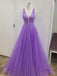 A Line V Neck Lilac Prom Dress Tulle Long Formal Graduation Dresses