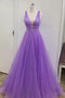 A Line V Neck Lilac Prom Dress Tulle Long Formal Graduation Dresses