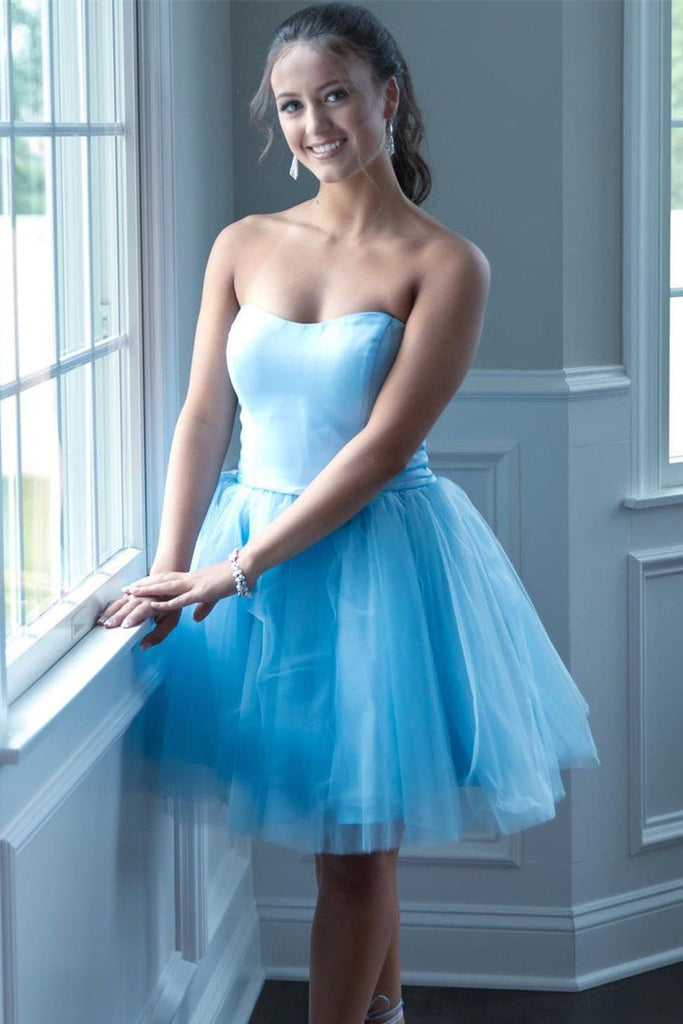 A-Line Strapless Light Blue Short Homecoming Dress, Chic Tulle Short Prom Dress