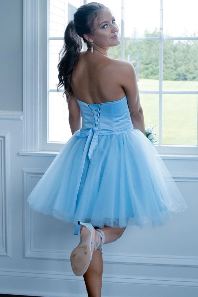 A-Line Strapless Light Blue Short Homecoming Dress, Chic Tulle Short Prom Dress