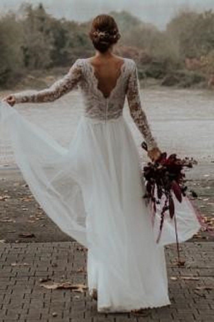 A-line V-neck Lace Chiffon Beach Wedding Dress with Long Sleeves