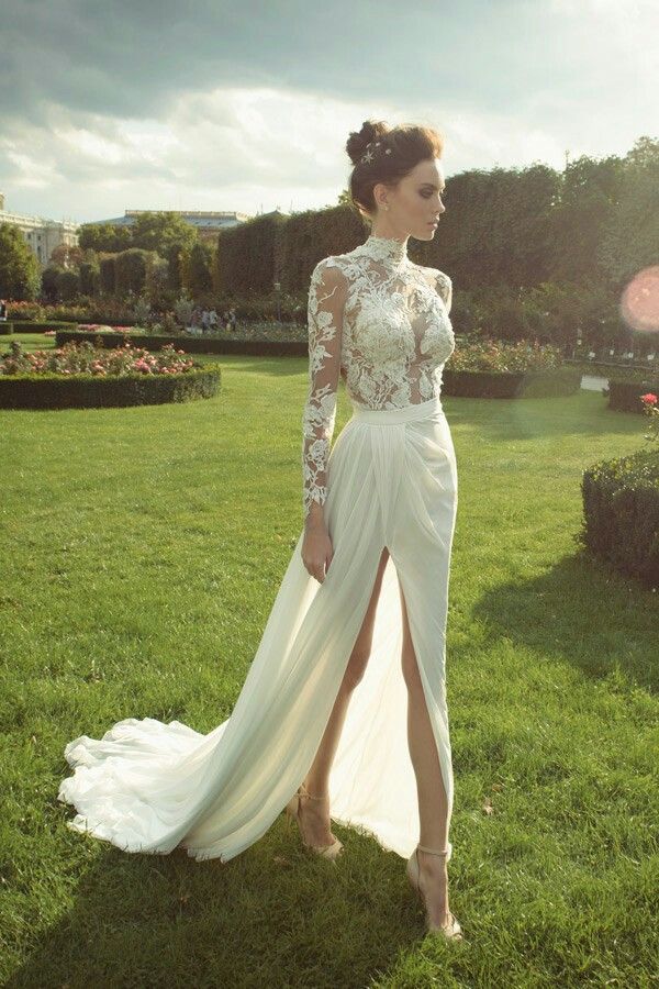 gorgeous lace long sleeve high neck chiffon wedding dress with slit dtw115