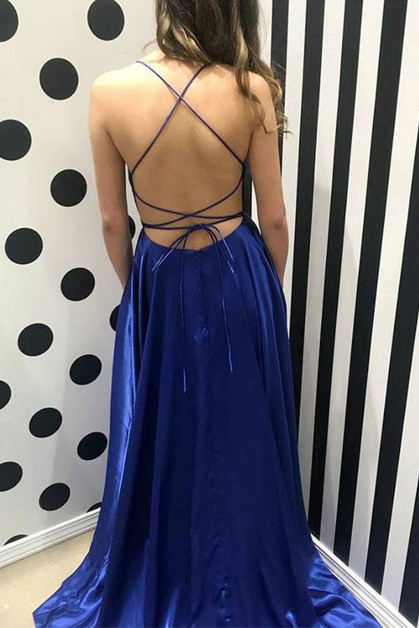 Royal Blue Simple Long Prom Dresses, Split Evening Party With Pockets