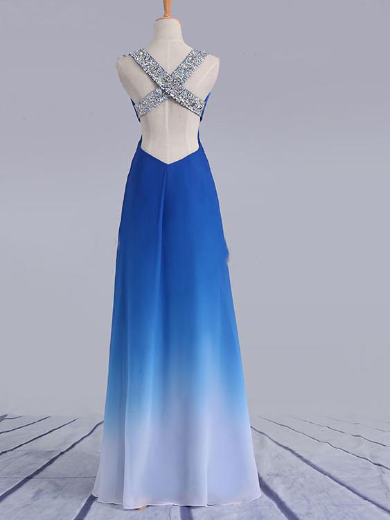 elegant beading straps cross back gradient blue ombre prom dresses dtp182