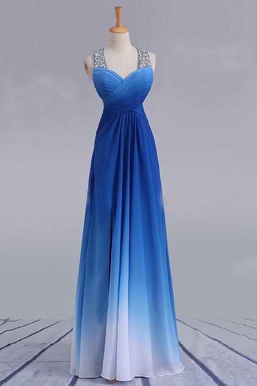 elegant beading straps cross back gradient blue ombre prom dresses dtp182