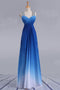 Elegant Beading Straps Cross Back Gradient Blue Ombre Prom Dresses