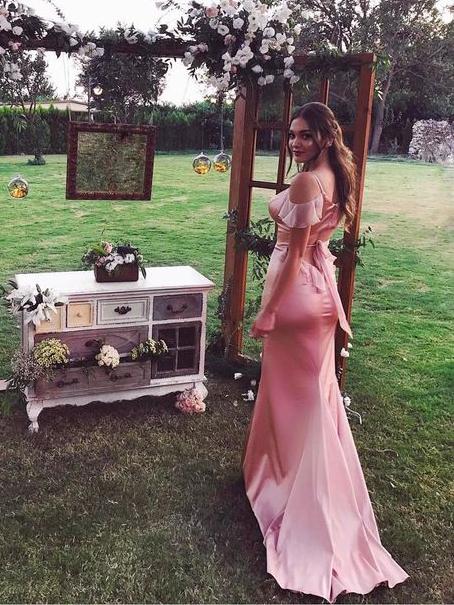 spaghetti straps satin sheath drop sleeves rose gold long prom dress dtp184